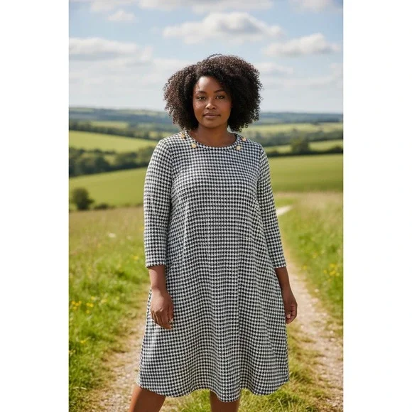 Tommy Hilfiger Houndstooth Dress 3X Gold Buttons 3/4 Sleeve A-Line Navy White - Picture 1 of 8
